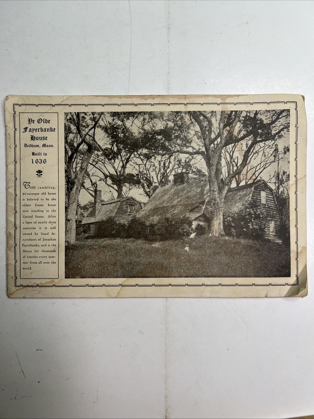 Vintage Booklet Ye Olde Fayerbanke House Of Dedham Massachusetts Built In 1636